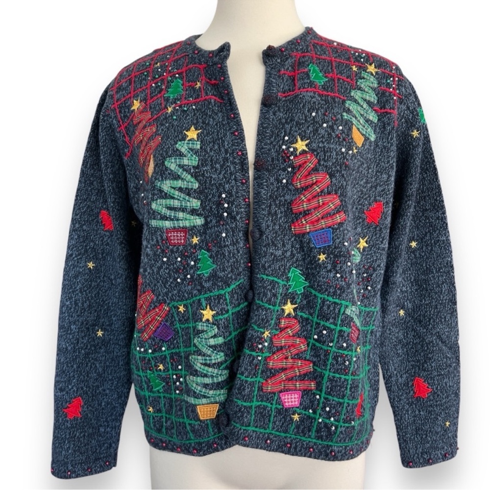 Vintage Knitted Christmas Cardigan Dark Blue with Embroidered and Beaded Design